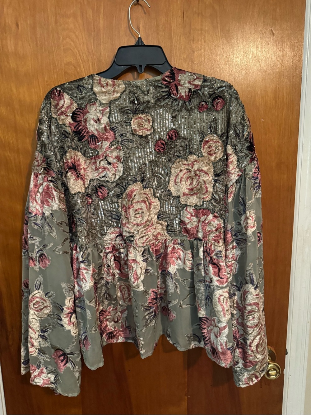 Free People Olive Green Floral Sequin Tie-Front Top - Picture 2 of 7